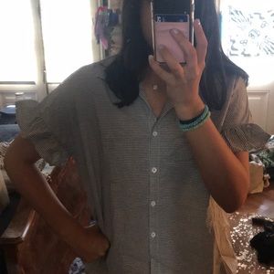 Grey and White Striped Ruffle Short Sleeve Top